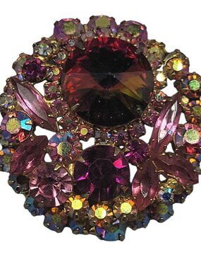 Juliana D&E Vintage Watermelon Rivoli Brooch Layered Pink Fuchsia AB Rhinestones
